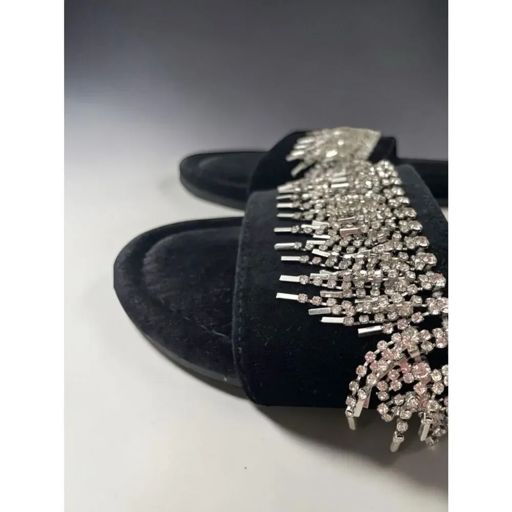 Victoria’s Secret l Black Silver Fringe Bling Flat Slippers, Slides l Med 8-9